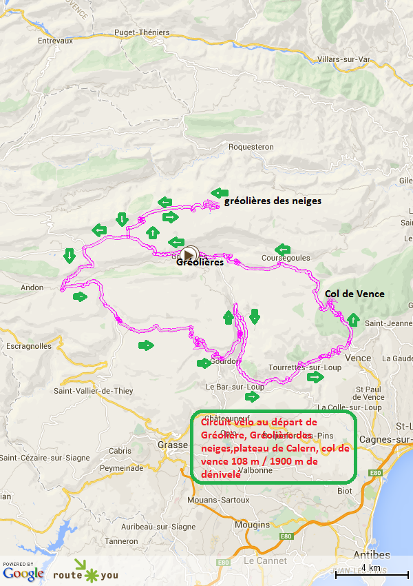 Circuit velo depuis greolieres par greolieres des neiges plateau du calern col de vence